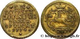 LOUIS XV THE BELOVED
Type : Poids monétaire pour le Double louis d’or dit “Mirliton” 
Date : 1774 
Metal : brass 
Diameter : 29,5  mm
Orientation dies...