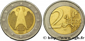 EUROPEAN CENTRAL BANK
Type : 2 Euro Aigle Héraldique, insert déformé 
Date : 2002 
Mint name / Town : Karlsruhe G 
Quantity minted : --- 
Metal : copp...