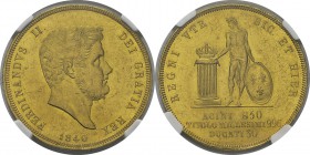 Italie - Naples 
 Ferdinand II (1830-1859)
 30 ducats or - 1840 Naples.
 Très rare surtout dans cette qualité. 
 Superbe à FDC - NGC MS 61
 9.000...