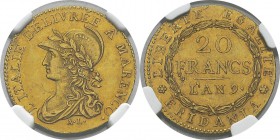 Italie - Piémont
 République subalpine (1800-1802)
 20 francs or - An 9 Turin - Avec l'accent après le A à l'avers.
 Superbe - NGC AU 58
 1.400 / ...