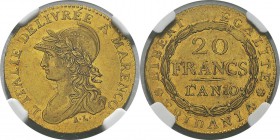 Italie - Piémont
 République subalpine (1800-1802)
 20 francs or - An 10 Turin - Avec l'accent après le A à l'avers.
 Superbe - NGC AU 58
 1.600 /...