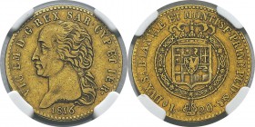 Italie - Sardaigne
 Victor-Emmanuel Ier (1802-1821) 
 20 lires or - 1816 L Turin.
 Année rare.
 Superbe - NGC AU 50
 600 / 800