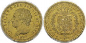 Italie - Sardaigne
 Charles-Félix (1821-1831) 
 80 lires or - 1828 L Turin. 
 Magnifique exemplaire.
 Superbe à FDC - PCGS MS 62
 3.500 / 4.000