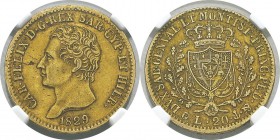 Italie – Sardaigne
 Charles-Félix (1821-1831) 
 20 lires or - 1829 P Gênes. 
 Rare et bel exemplaire.
 Superbe - NGC AU 55
 500 / 700