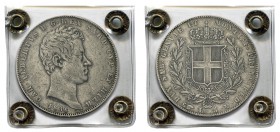 Italie – Sardaigne
 Charles-Albert (1831-1849)
 5 lires - 4ème type - 1836 P Turin. 
 Très rare.
 Certifié par Ranieri S.R.L (BB).
 Pratiquement ...