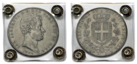 Italie -– Sardaigne
 Charles-Albert (1831-1849)
 5 lires - 4ème type - 1844 P Turin.
 Certifié par Ranieri S.R.L (BB/Splendido).
 Superbe
 200 / ...