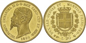 Italie - Sardaigne
 Victor-Emmanuel II (1849-1861)
 Epreuve sur flan bruni du 20 lires or - 1850 B Turin.
 D'une insigne rareté - Troisième exempla...