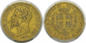 Italie - Sardaigne
 Victor-Emmanuel II (1849-1861) 
 20 lires or - 1851 P Gênes.
 Exemplaire sans le "F" du graveur FERRARIS sous le cou.
 Hors co...