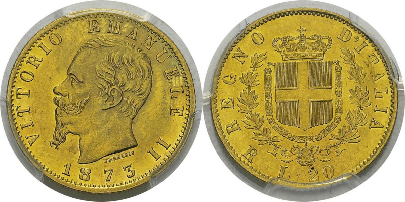 Italie
 Victor-Emmanuel II (1861-1878) 
 20 lires or - 1873 R Rome.
 Rarissim...