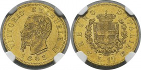 Italie
 Victor-Emmanuel II (1861-1878)
 10 lires or - 1863 T Turin - 18,5 mm.
 Magnifique exemplaire.
 Pratiquement FDC - NGC MS 63
 150 / 200
