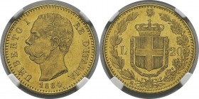 Italie
 Umberto Ier (1878-1900) 
 20 lires or - 1884 R Rome.
 Rarissime dans cette qualité. 
 Pratiquement FDC - NGC MS 63
 1.400 / 1.600