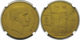 Italie
 Victor Emmanuel III (1900-1946)
 Essai en bronze doré sur flan bruni mat du 100 lires or - MCMIII (1903)
 Très rare surtout dans cette qual...