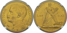Italie
 Victor-Emmanuel III (1900-1946) 
 100 lires or - 1912 R Rome.
 Très rare et magnifique exemplaire.
 Superbe à FDC - NGC MS 62
 5000 / 5.5...