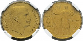 Italie
 Victor Emmanuel III (1900-1946)
 Essai en bronze doré sur flan bruni mat du 20 lires or - MCMIII (1903).
 Très rare surtout dans cette qual...