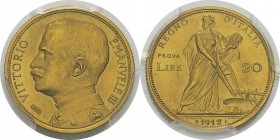 Italie
 Victor-Emmanuel III (1900-1946)
 Essai du 20 lires or - Prova - 1912 R Rome.
 D’une infinie rareté - 2 ou 3 exemplaires connus.
 D’une qua...