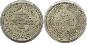 Liban
 République (1926 à nos jours) 
 50 piastres - 1952
 Rare dans cette qualité.
 FDC Exceptionnel - PCGS MS 67
 50 / 100