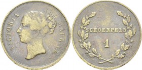 Maurice (île) - Schoenfeld 
 Victoria (1837-1901)
 1 (schilling) - Non daté.
 Cette monnaie circulait dans les plantations sucrières. 
 Inédit ? S...