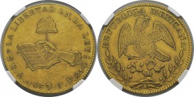 Mexique
 Première République (1823-1867)
 8 escudos or - 1863/53 Go YF Guanajuato.
 Magnifique exemplaire.
 Pratiquement FDC - NGC MS 63
 2.500 /...