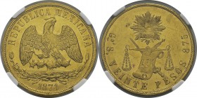 Mexique
 Deuxième République (1867-1905) 
 20 pesos or - 1871 Go S Guanajuato. 
 Magnifique exemplaire.
 Superbe à FDC - NGC MS 62
 1.600 / 1.800...