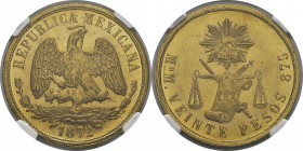 Mexique
 Deuxième République (1867- 1905) 
 20 pesos or - 1872 Mo M Mexico. 
 Magnifique exemplaire.
 Pratiquement FDC - NGC MS 63
 2.200 / 2.400...