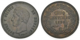 Monaco
 Honoré V (1819-1841)
 Epreuve du 5 centimes - 1838 MC - Rogat. 
 Rare.
 Superbe à FDC - ANACS MS 61 BRN
 100 / 150