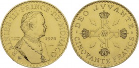 Monaco
 Rainier III (1949-2005)
 Essai en or sur flan bruni du 50 francs argent du 25ème anniversaire de règne - 1974 
 Flan bruni - NGC PF 65
 2....