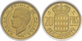 Monaco
 Rainier III (1949-2005)
 Essai-piéfort en or du 20 francs - 1950 
 Très rare - 325 exemplaires.
 Pratiquement FDC - NGC MS 63
 1.000 / 1....