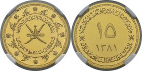 Muscat et Oman
 Sultanat (1236-1390 AH / 1820 - 1970)
 Epreuve sur flan bruni du 15 saidi rials - 1381 AH / 1961
 Rarissime - 100 exemplaires.
 Fl...