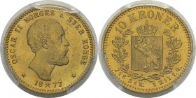 Norvège
 Oscar II (1872-1905)
 10 couronnes or - 1877
 Rarissime surtout dans cette qualité. 
 FDC - PCGS MS 65
 2.500 / 2.800