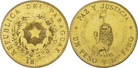 Paraguay
 République (1811 à nos jours)
 Epreuve en or du 1 peso argent - 18-- (vers 1889). Frappé sur un 8 escudos du Pérou 1863 Lima.
 Rarissime ...