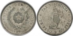 Paraguay
 République (1811 à nos jours) 
 1 peso - 1889 Buenos Aires. 
 Très rare dans cette qualité.
 Pratiquement FDC - NGC MS 63
 400 / 600...
