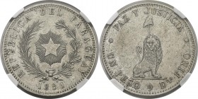 Paraguay
 République (1811 à nos jours) 
 1 peso - 1889 Buenos Aires. 
 Légèrement nettoyé.
 Superbe - NGC AU Details
 100 / 200
