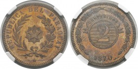 Paraguay
 République (1811 à nos jours) 
 2 centesimos - 1870
 Très rare.
 Le deuxième plus haut grade. 
 FDC - NGC MS 65 RB
 50 / 70