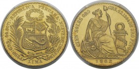 Pérou
 République (1821 à nos jours)
 100 soles or - 1962 Lima.
 D'une qualité exceptionnelle. 
 FDC Exceptionnel - PCGS MS 67
 2.000 / 2.500