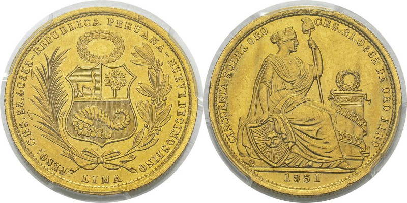 Pérou
 République (1821 à nos jours)
 50 soles or - 1951 Lima.
 Très léger ne...