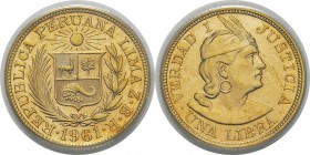 Pérou
 République (1821 à nos jours)
 1 libra or Z.B.R - 1961 Lima. 
 Très rare - 402 exemplaires.
 Pratiquement FDC - PCGS MS 62
 300 / 400