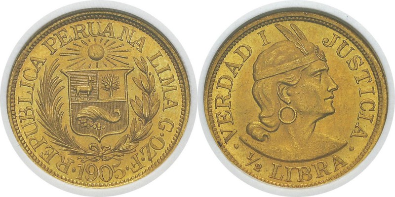 Pérou
 République (1821 à nos jours)
 1/2 libra or G.OZ.F - 1905 Lima.
 Exemp...