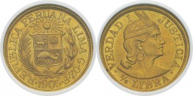 Pérou
 République (1821 à nos jours)
 1/2 libra or G.OZ.F - 1905 Lima.
 Exemplaire de la collection Eliasberg.
 Pratiquement FDC - NGC MS 64
 100...