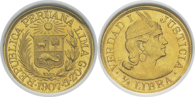 Pérou
 République (1821 à nos jours)
 1/2 libra or G.OZ.G - 1907 Lima.
 Exemp...