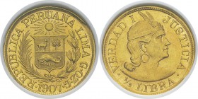 Pérou
 République (1821 à nos jours)
 1/2 libra or G.OZ.G - 1907 Lima.
 Exemplaire de la collection Eliasberg.
 100 / 200