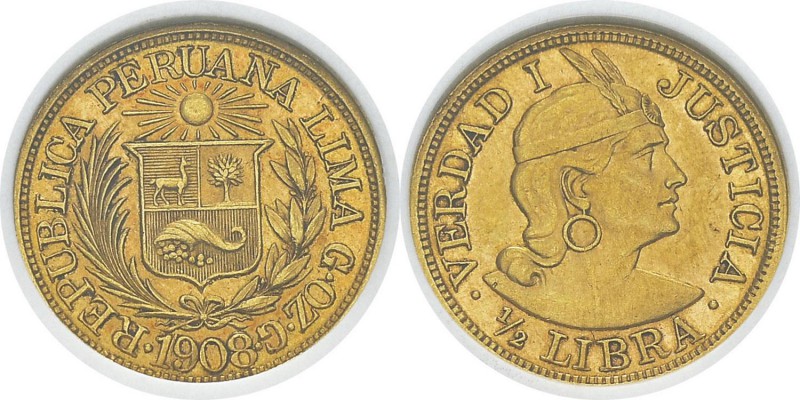 Pérou
 République (1821 à nos jours)
 1/2 libra or G.OZ.G - 1908 Lima.
 Exemp...
