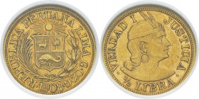 Pérou
 République (1821 à nos jours)
 1/2 libra or G.OZ.G - 1908 Lima.
 Exemplaire de la collection Eliasberg.
 Superbe - NGC AU 55
 80 / 120
