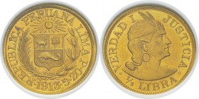 Pérou
 République (1821 à nos jours)
 1/2 libra or G.OZ.G - 1913 Lima.
 Exemplaire de la collection Eliasberg.
 Pratiquement FDC - NGC MS 63
 100...
