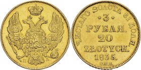 Pologne
 Nicolas Ier (1825-1855)
 3 roubles / 20 zloty or - 1835 ΠД Saint-Pétersbourg.
 Superbe - PCGS AU 58
 1.400 / 1.600