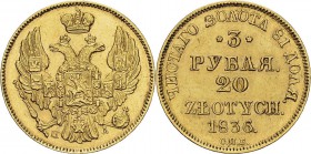 Pologne
 Nicolas Ier (1825-1855)
 3 roubles / 20 zloty or - 1836 ΠД Saint-Pétersbourg.
 Superbe - PCGS AU 55
 1.400 / 1.600