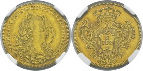 Portugal
 Marie et Pierre III (1777-1786)
 2 escudos or ou 3200 reis or - 1784 Lisbonne. Très rare - 1184 exemplaires.
 Superbe - NGC AU 53
 1.200...