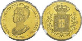 Portugal
 Marie II (1834-1853)
 1 peça or ou 7500 reis or - 1834 Lisbonne. 
 Très rare dans cette qualité.
 Pratiquement FDC - NGC MS 64
 2.000 /...