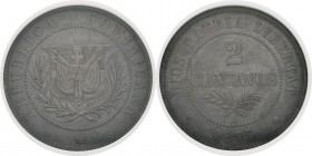 République Dominicaine
 IIème République (1865-1916/1924 à nos jours) 
 Essai en bronze du 2 centavos - 1877 E.
 Rare.
 Superbe - NGC AU 55 BN
 8...