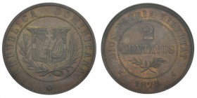 République Dominicaine
 IIème République (1865-1916/1924 à nos jours) 
 Essai en cuivre du 2 centavos - 1877 E.
 Non répertorié en cuivre dans le K...