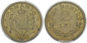 Roumanie
 Ferdinand Ier (1914-1927)
 Epreuve en laiton du 2 lei - 1924 Bruxelles. 
 Tranche striée - Frappe monnaie.
 Unique ?
 Frappe d’Epreuve ...
